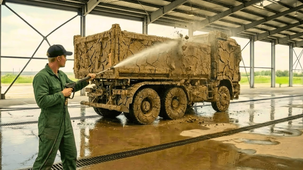 Грузовик Mercedes, застрявший в грязи, прибыл на интенсивную мойку