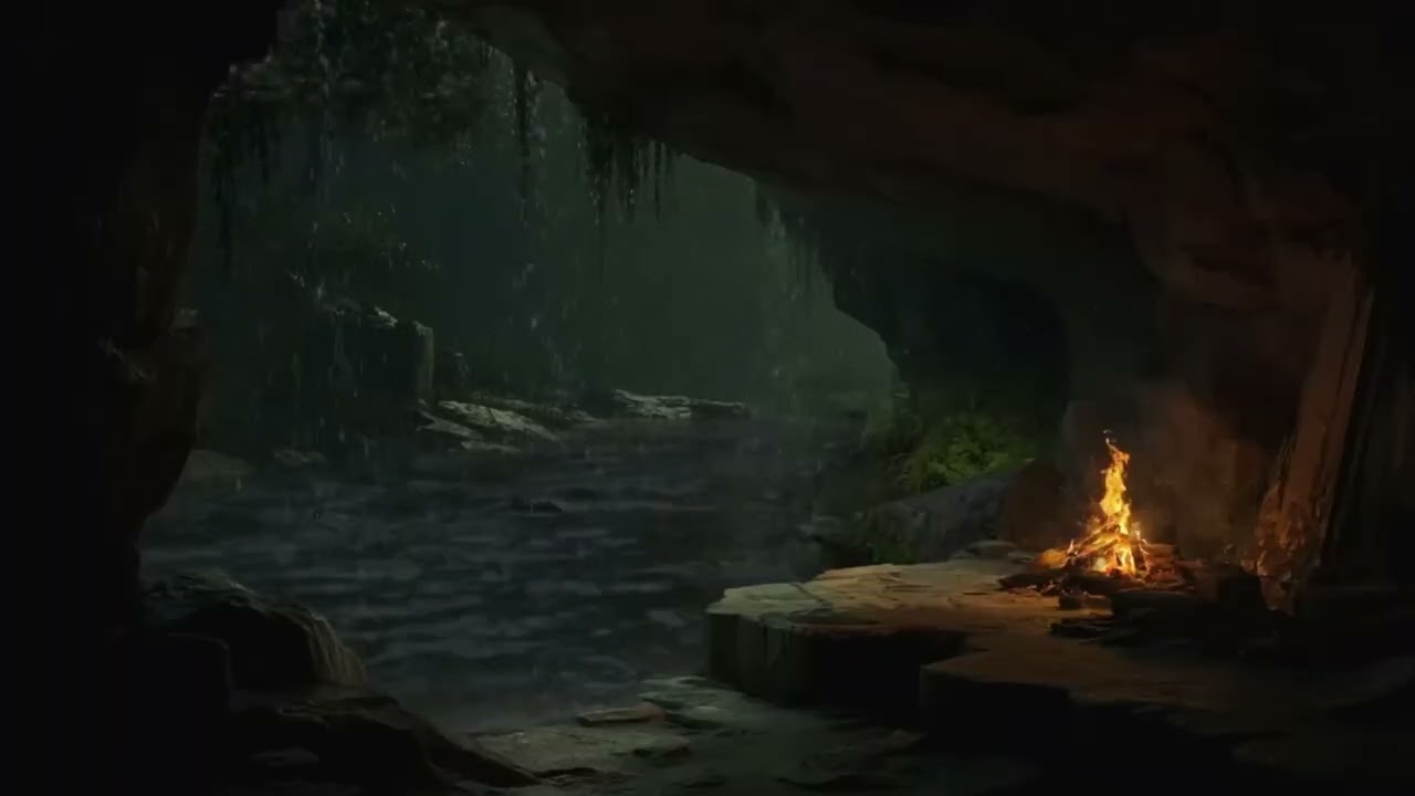 Cozy Cave Retreat 🌧️ Relaxing Rain & Crackling Fire Sounds for Deep Sleep & Calm 😴🔥