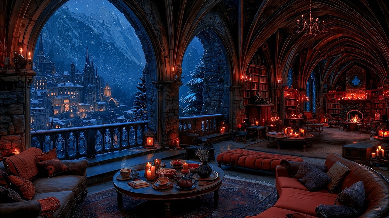 Cozy Gothic Cafe in Winter❄️Fireplace & Snowfall Ambience | Dark Academia Piano Music for Reading