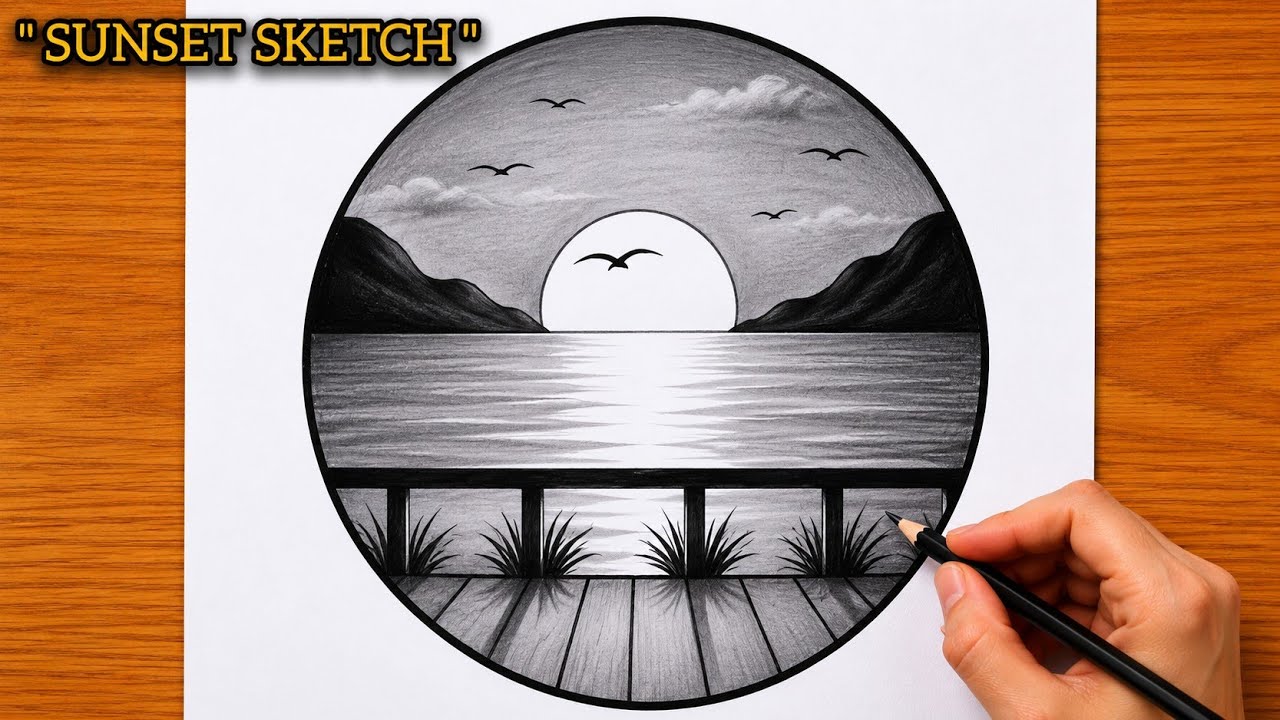 How to Draw Sunset Scenery in a Circle with Pencil | Pencil Sketch for ...