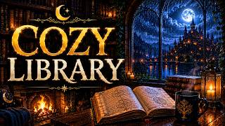 ✨ Cozy Library Ambience 🌙 Rainy Fantasy Music for Deep Focus &amp; Sleep (1 Hour) | Moonlit Haven