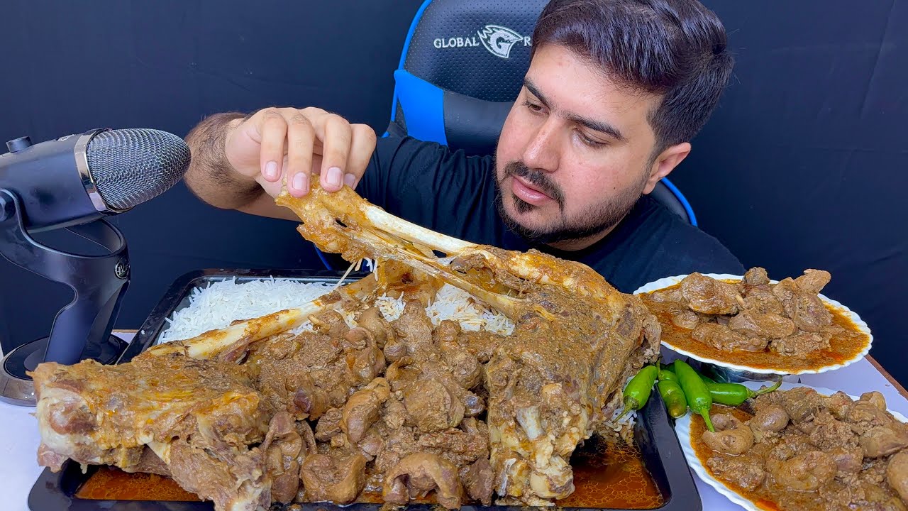 ASMR Eating Spicy Chicken Liver Gizzard Curry+ 2 Spicy Whole Mutton Legs with rice Green Chillies