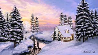 Serene Winter Sunset: Painting A Snow-Covered Winter Landscape