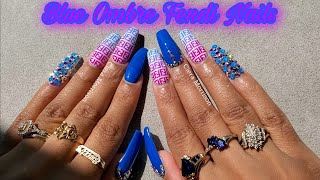 Blue Ombre Fendi Acrylic Nails