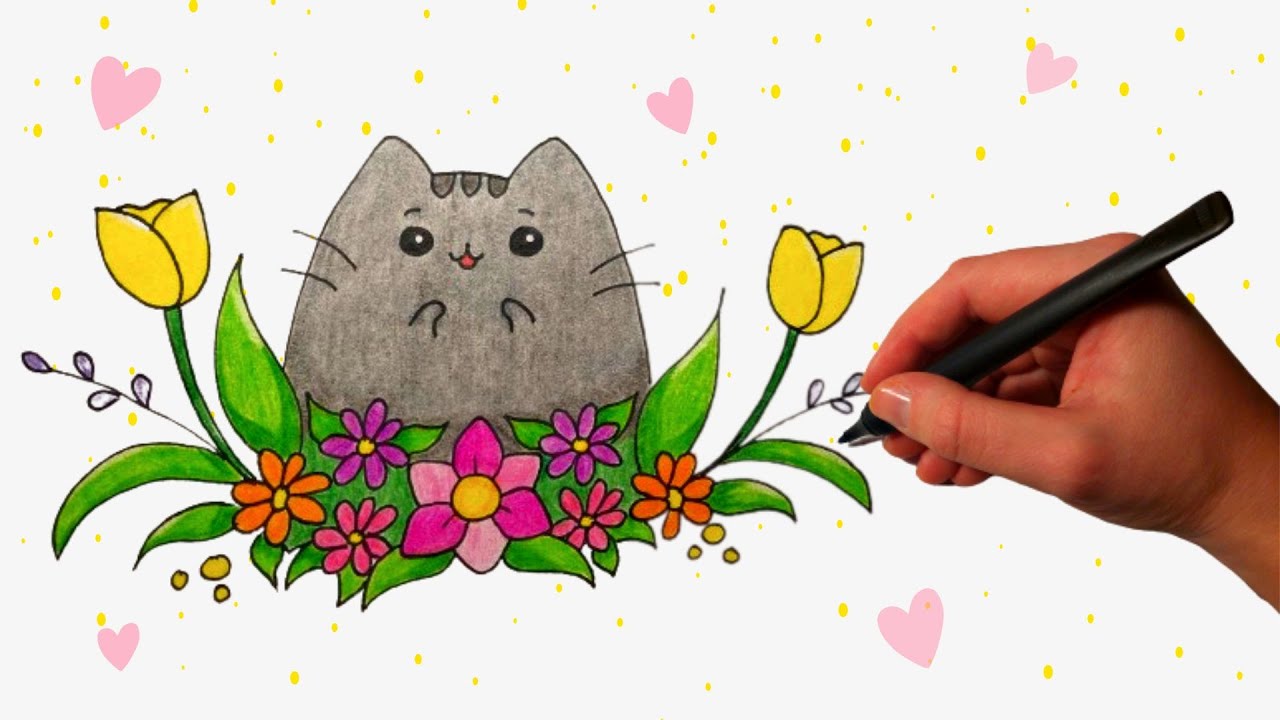 bleek houding tij How to Draw a Cute Spring Pusheen Cat in flowers - Step by Step - YouTube