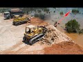 Most Incredibel Action Bulldozer Pushing Rock Stone Mixing Soil Komatsu D68E &amp; Dump Truck Unloading