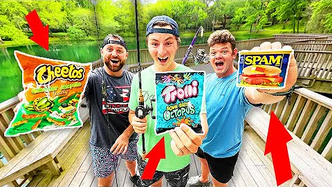 Gas Station FOOD Fishing CHALLENGE For Biggest Fish! (1v1v1)
