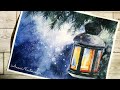 Snowy Lantern Winter Scene Watercolor Painting