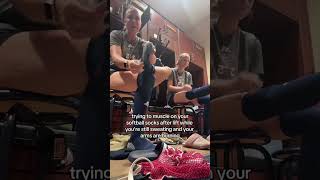 College Softball Girls Struggle To Put On Their Long Smelly Dirty Socks In The Locker Room