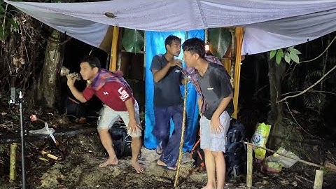 Camping diguyur hujan deras saat membangun shelter bambu dihutan serram fishing, relaxing rain sound