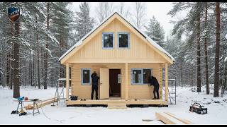 A Young Man and His Friends Build a Wooden Cabin in a Frozen Forest