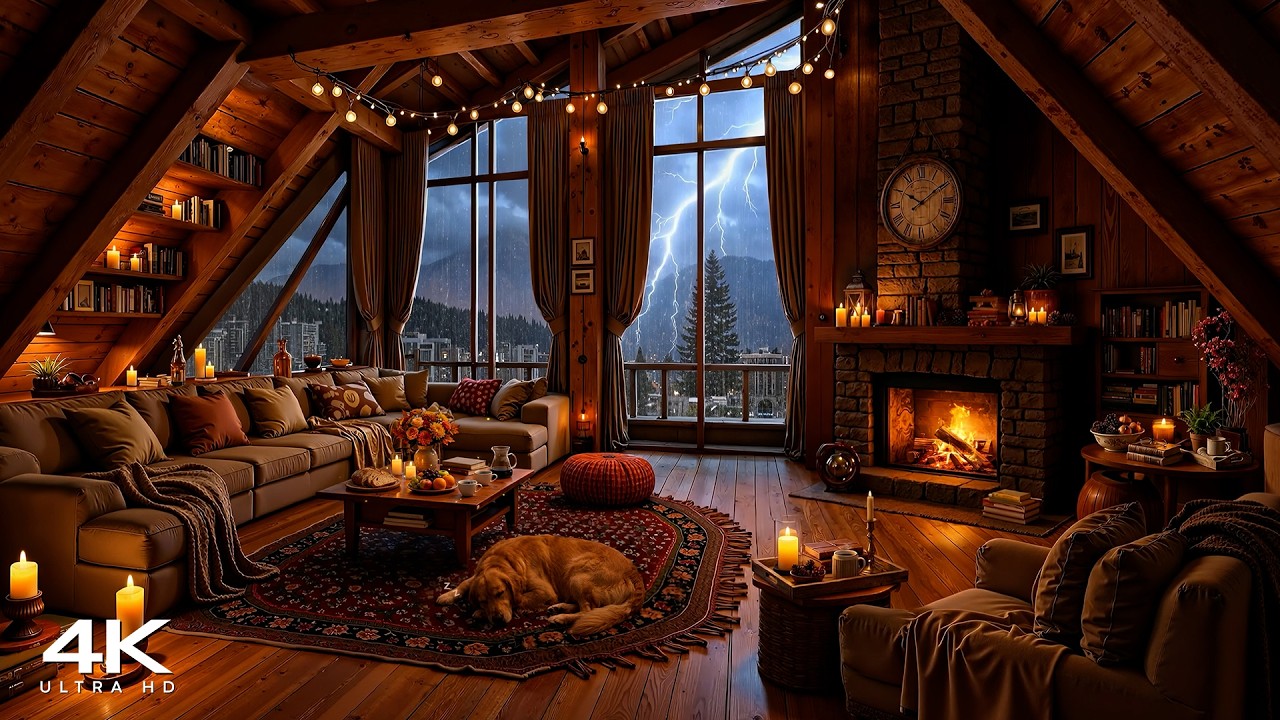 [4k] Cozy Night in Rustic Cabin 🌧️ Relaxing Jazz Music with Thunderstorm & Fireplace Sounds to Focus