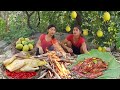 Yummy! Geese spicy grilled in pan and Natural fruit for food in jungle - Survival cooking in forest