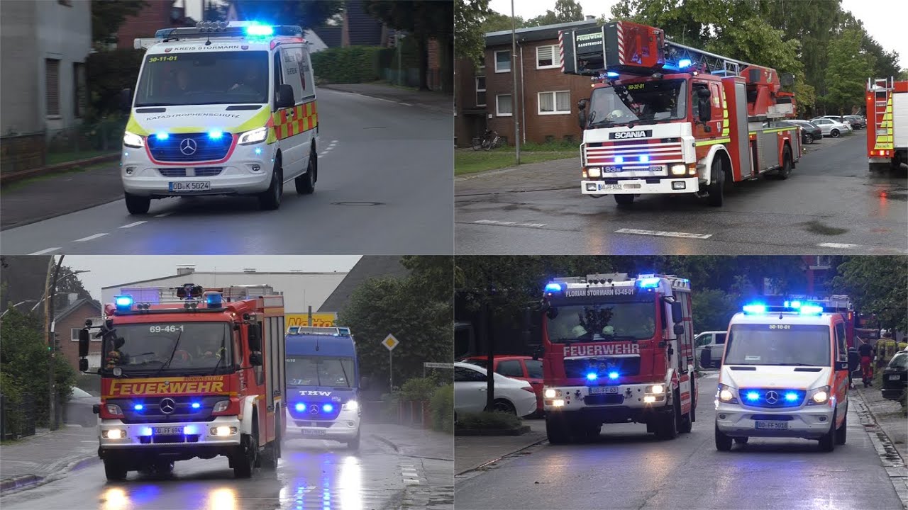 [Schweres Unwetter über dem Kreis Stormarn] Einsatzfahrten Feuerwehr, THW und Katastrophenschutz
