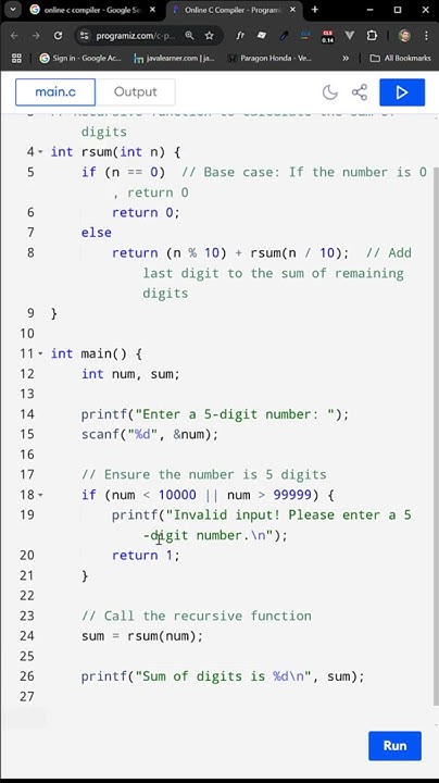 Calculate the Sum of Five Digit number using Recursion in C Programming ...