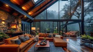 Rainy Day Escape  Soothing Jazz, Gentle Rain & Cozy Fireplace Ambiance for Forest Retreat Serenity
