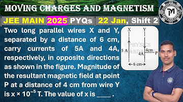 Two long parallel wires X and Y, separated by a distance of 6 cm, carry currents of 5A and 4A, respe
