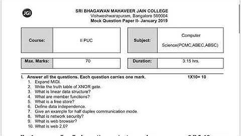 2nd Puc Computer Science mock question paper 2019|| computer science || Puc
