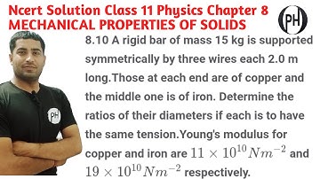 8.10 A rigid bar of mass 15 kg is supported symmetrically by three wires each 2.0 m long.Those