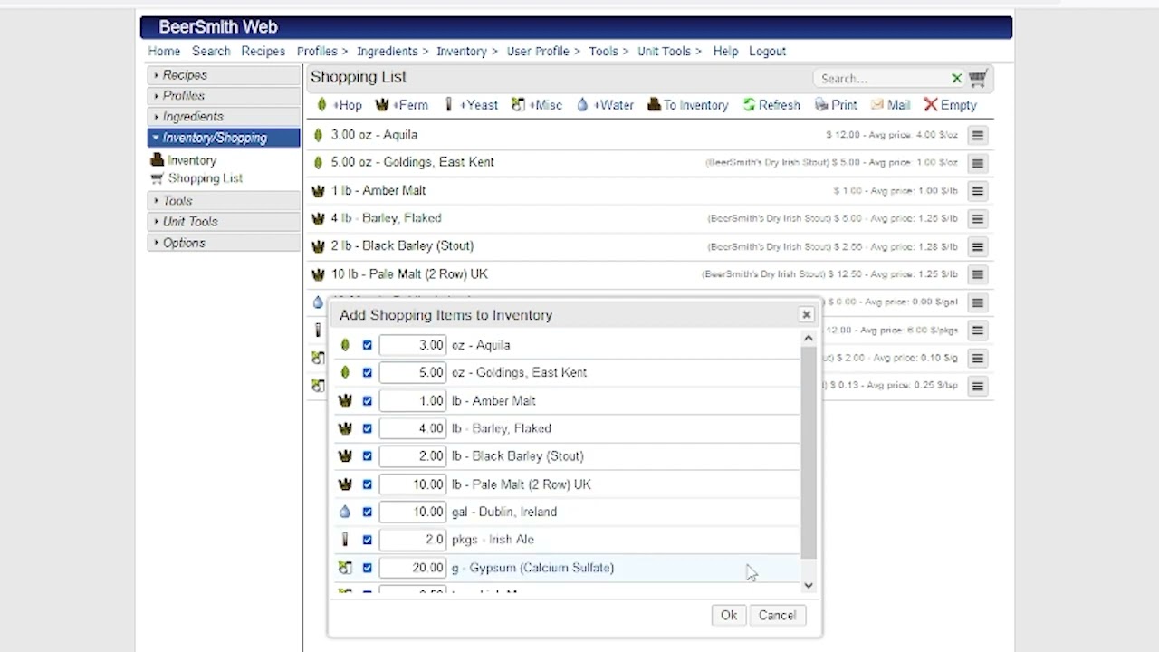 Shopping List and Inventory Features for BeerSmith Web