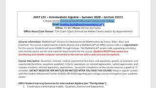 Syllabus Highlights Math 121 Summer 2020