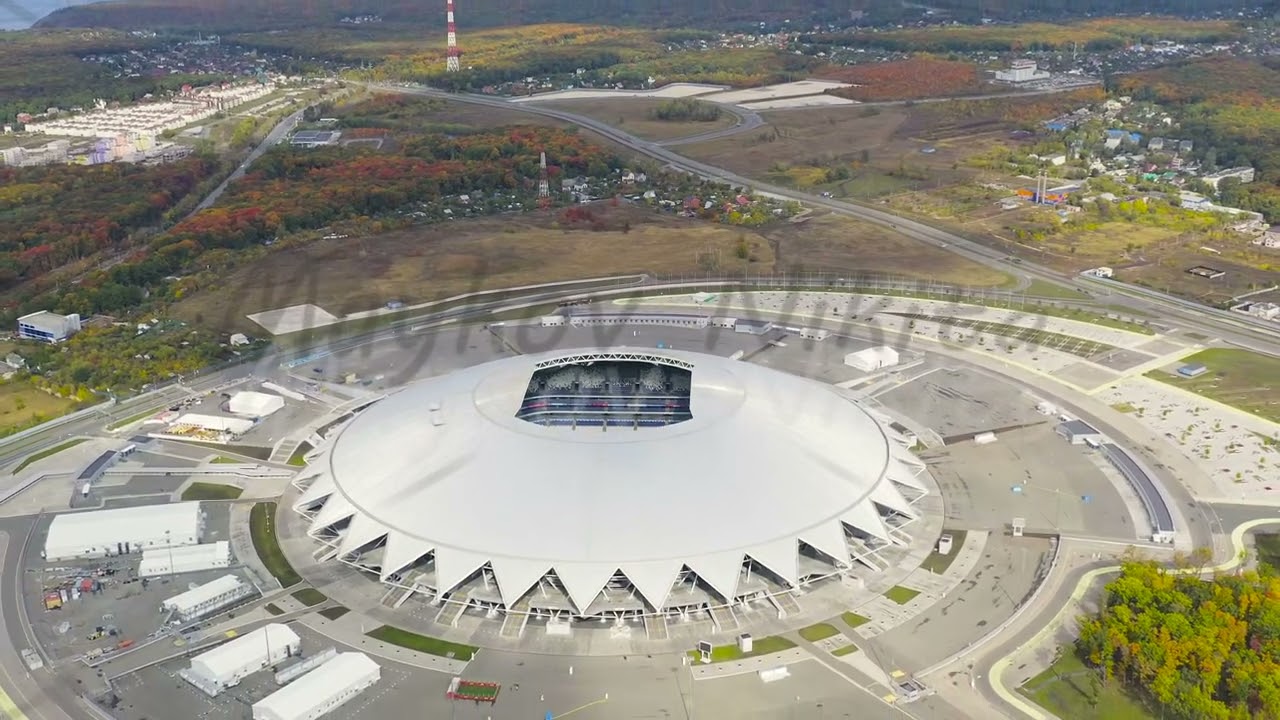 Samara, Russia. Samara Arena Stadium. Autumn clouds, Aerial View, Point of interest
