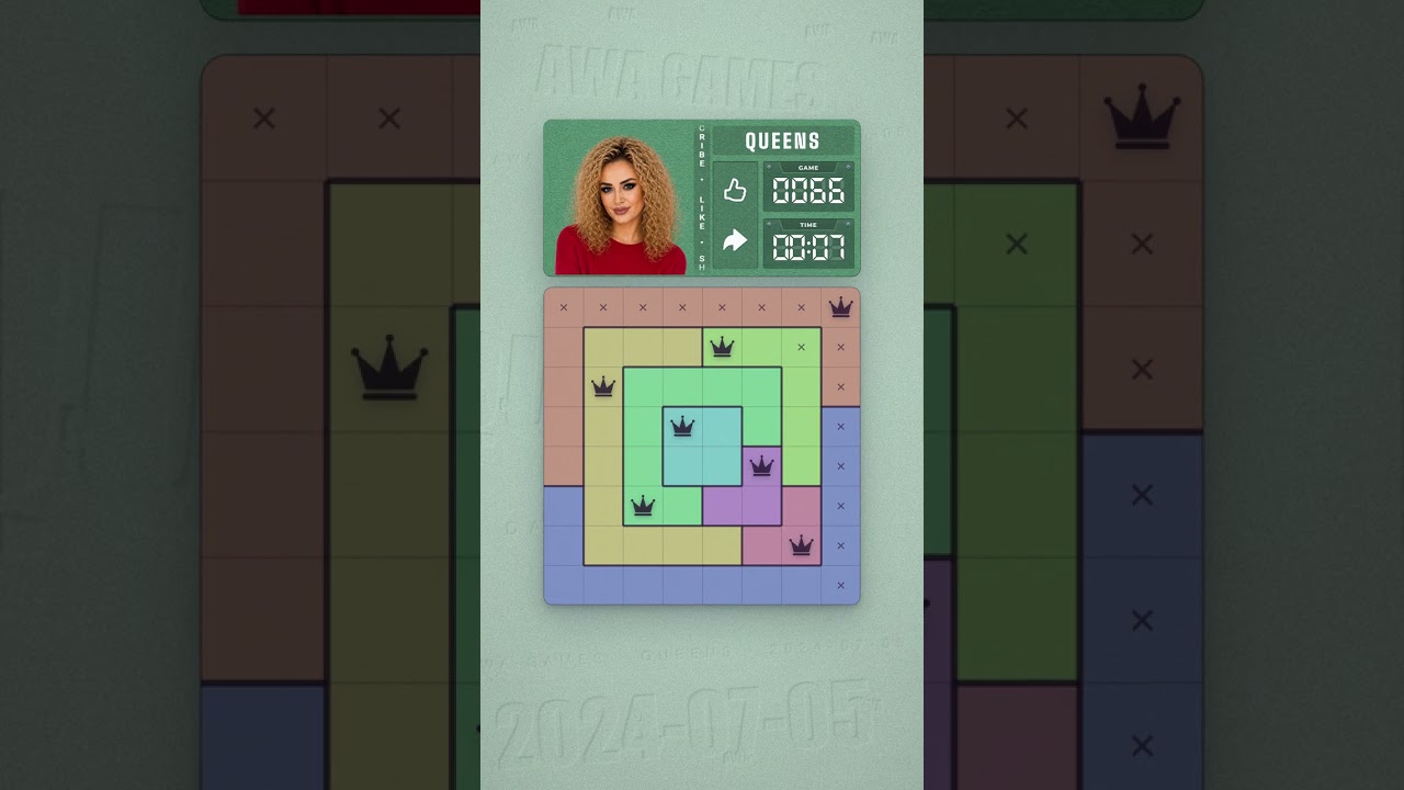 LinkedIn Queens #66 solved board for July 5, 2024, 8x8 grid
