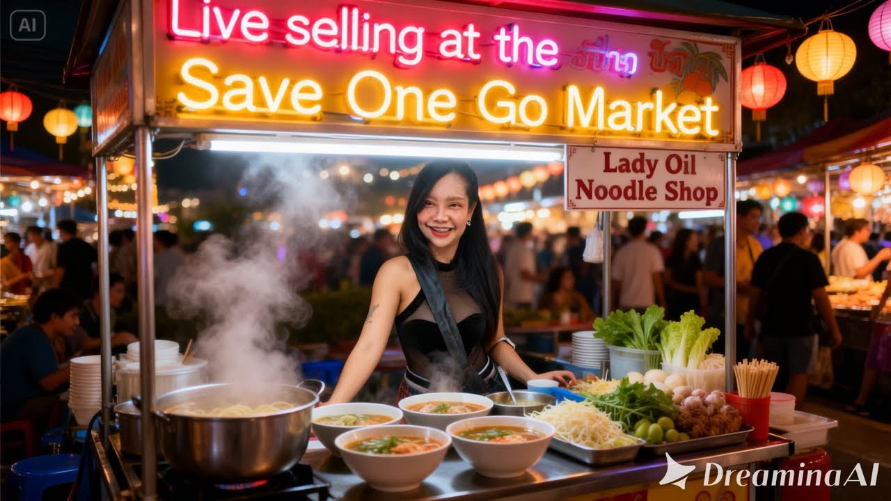 Lady Oil Noodle Shop in Night Market-Thai Street Food