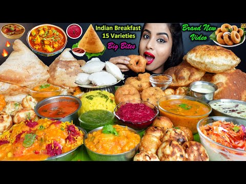 Eating Masala Dosa,Idli Vada,Poori,Kara Chutney,Sambar,Dahi Vada South Indian Food ASMR Eating Video