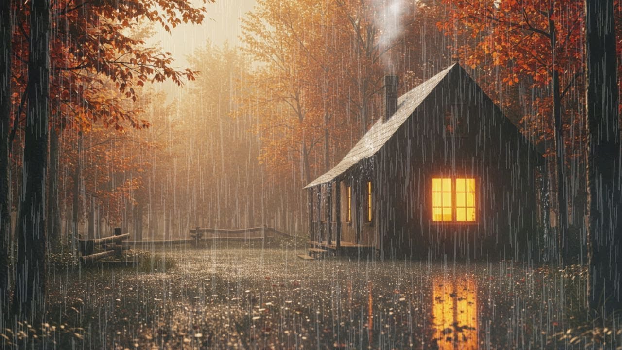 Heavy Rain on Cozy Cabin in Autumn Forest 🍁 Perfect Rain Sounds for Deep Sleep & Relaxation Ambienc