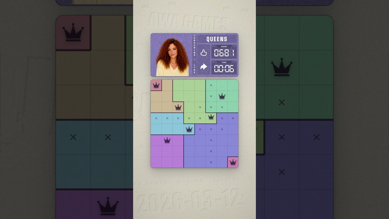 LinkedIn Queens #681 solved board for March 12, 2026, 8x8 grid
