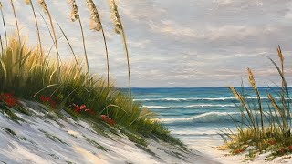'Sea Breeze: Acrylic Painting Tutorial of a Beach Scene with Sea Oats, Clouds, and Floral Accents'