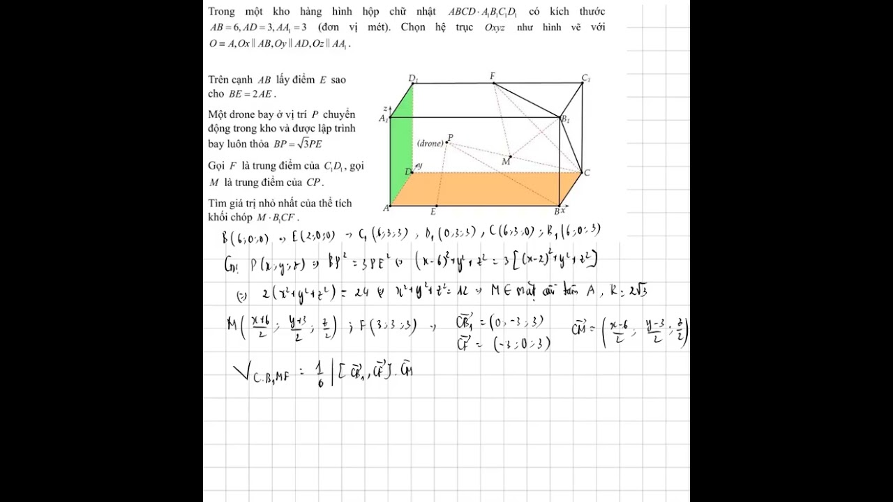 Một kho hàng hình hộp chữ nhật có kích thước AB=6, AD=3, AA_1=3. Một drone bay từ vị trí P chuyển
