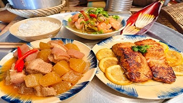 Thịt heo kho củ cải, cá salmon ướp chanh dây chiên vàng và canh chua bắp chuối rau muống