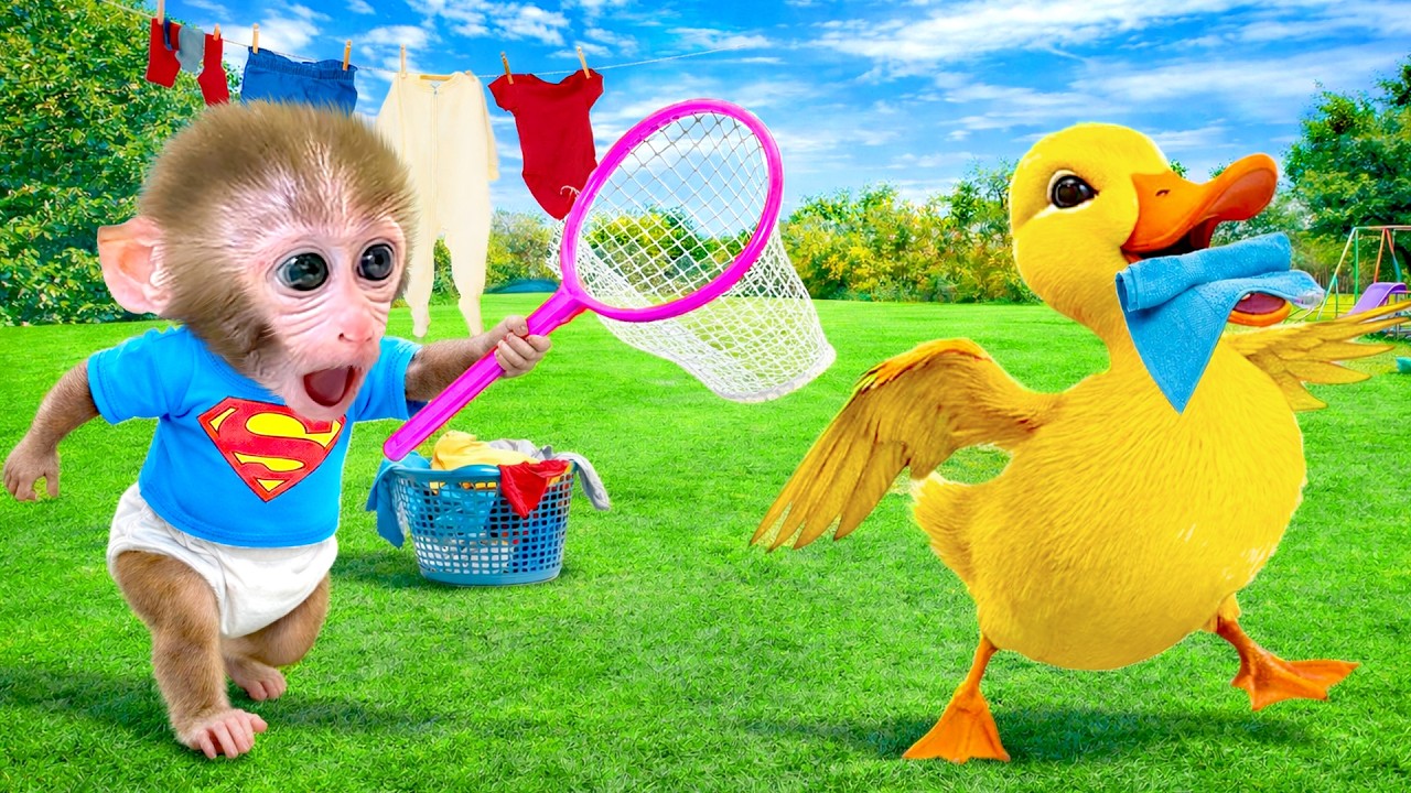 Der schlaue Affe BonBon jagt das Entlein um das Handtuch zurückzubekommen