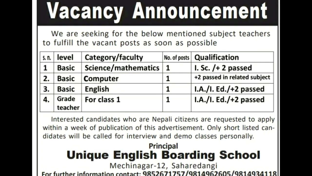 Teacher vacancy for unique boarding school||All jobs nepal presents jobs for you