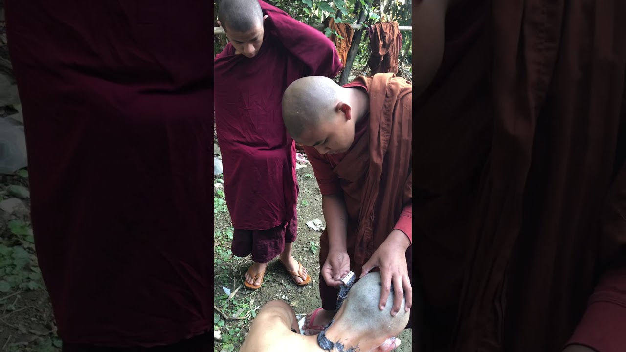 Head shaving for temporary ordination at Kyaswa monastery