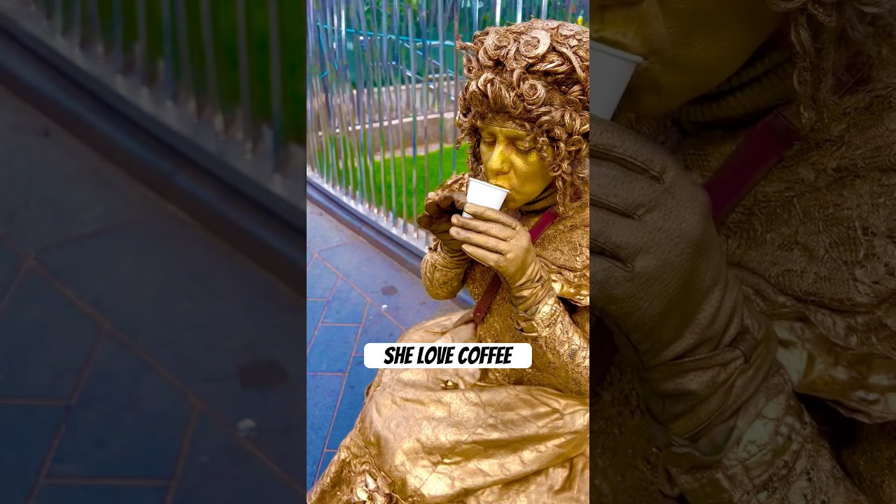 Gold Lady Love a good coffee #goldenprincess #trending #disney #goldstatue #goldin #goldies #goldsky