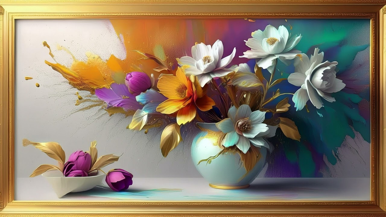 Flower Bouquet in Antique Vase Painting in Vintage Golden Frame 4K TV Art Screensaver Wallpaper