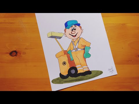 رسم عامل نظافه خطوه بخطوه Cleaning Man Drawing