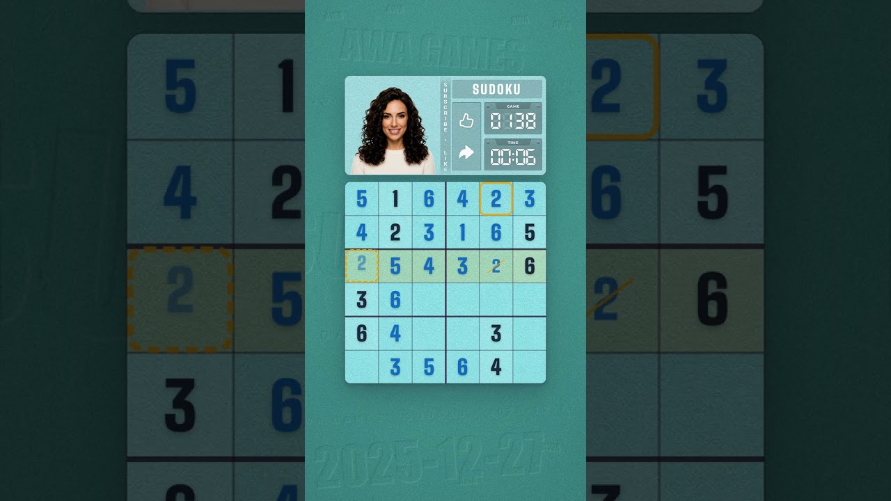 LinkedIn Mini Sudoku #138 solved board for December 27, 2025, 6x6 grid