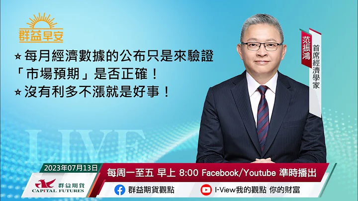每月经济数据的公布只是来验证“市场预期”是否正确！| 没有利多不涨就是好事！| 20230713 | 群益早安 - 天天要闻