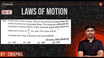 A boy ties a stone of mass 100 g to the end of 2 m long string and whirls it around in a horizontal