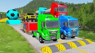 Double Flatbed Trailer Truck vs Speedbumps Train vs Cars | Tractor vs Train Beamng.Drive 059