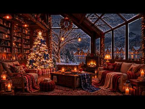 Snowfall Christmas Fireplace Ambience for Holiday Calm | Soft Christmas Jazz Music in Winter Cabin