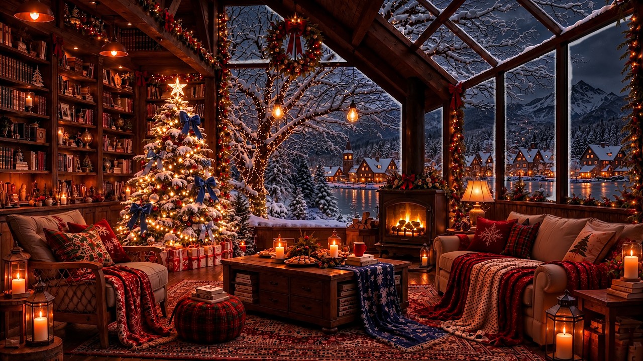 Snowfall Christmas Fireplace Ambience for Holiday Calm | Soft Christmas Jazz Music in Winter Cabin
