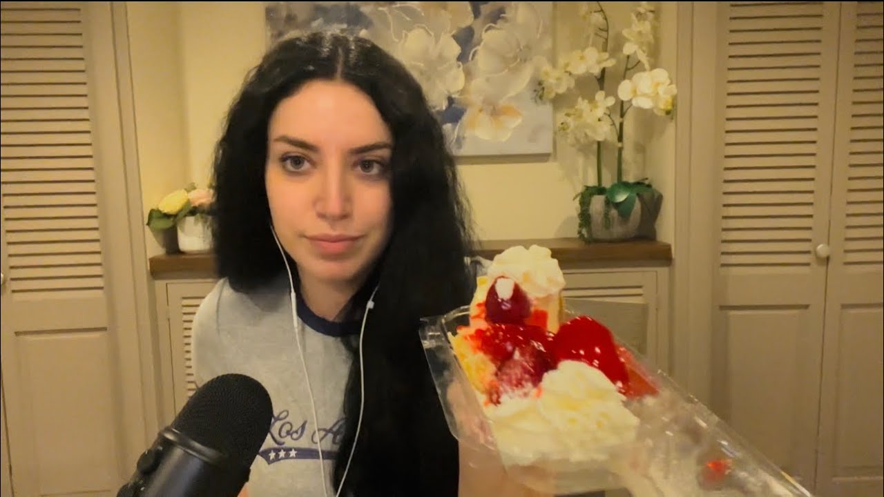 ASMR Eating Cheesecake (mouth sounds, whispering)