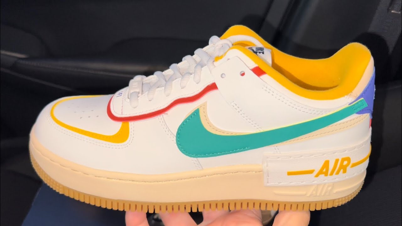 Nike Air Force 1 Shadow sneakers in summit white, neptune green and yellow  ochre