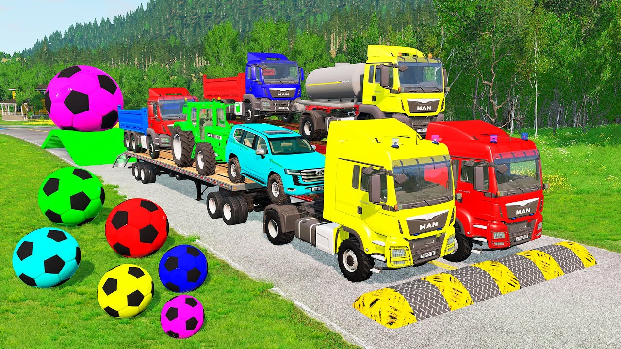 Flatbed Trailer McQueen Transportation with Truck - Speedbumps vs Cars vs Train - BeamNG.Drive #11