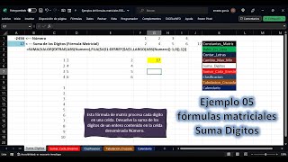 Ejemplo 05 Fórmulas Matriciales Excel Suma Digitos